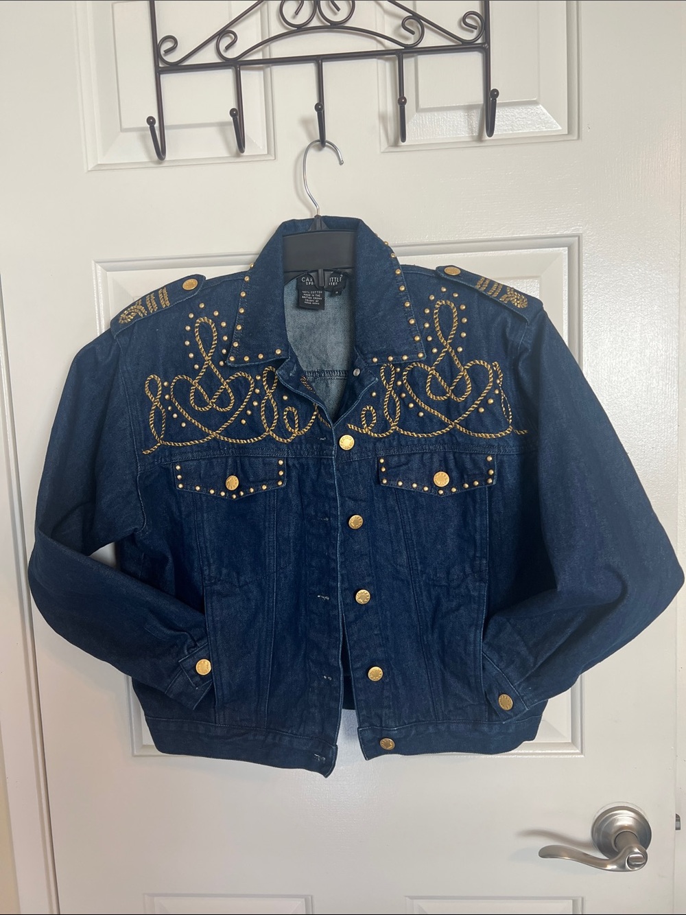 Carole Little Vintage-Inspired Embellished Dark Blue Denim Jacket with Gold Stud